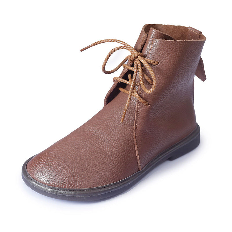 Handmade Women's Leather Booties Round Toe Lace-Up Flat Ankle Boots Brown/Black/Coffee