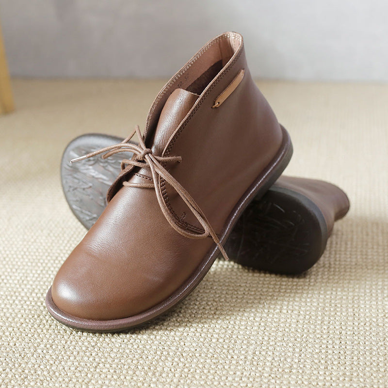 Women's Leather Booties Round Toe Lace-Up Flat Ankle Boots Handmade in Camel/Black