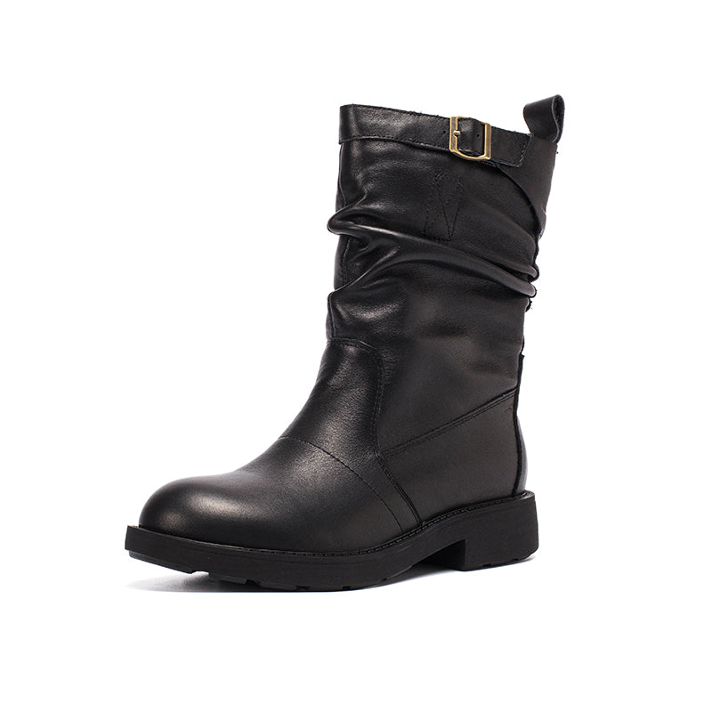 Soft Leather Mid Calf Boots Fold Design Riding Boots Short Plush Lined For Winter