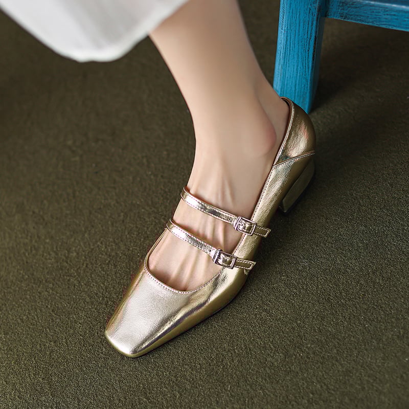 Kally Square Toe Block Heels Mary Jane Shoes