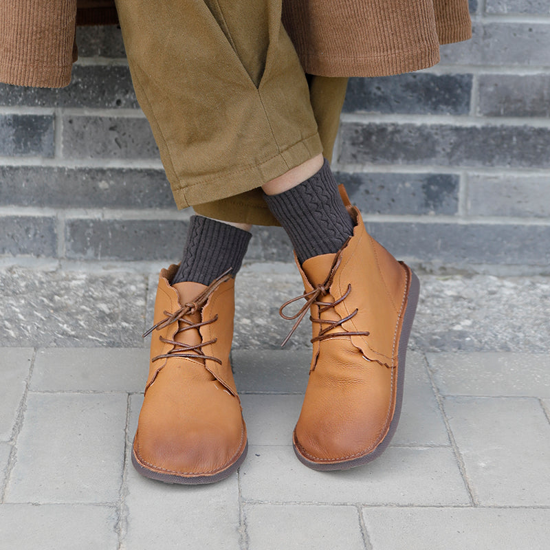 Women's Leather Booties Round Toe Lace-Up Flat Ankle Boots Handmade in Brown/Coffee