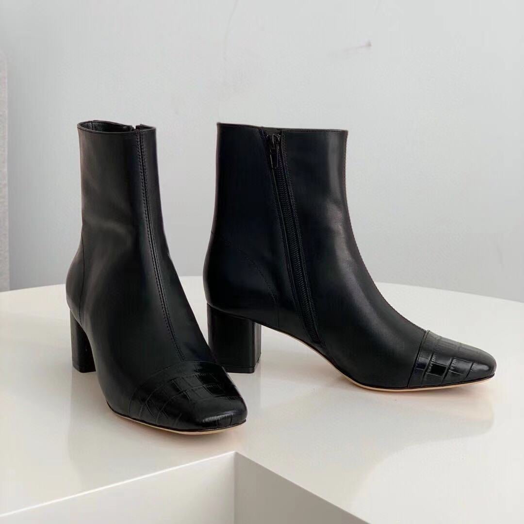 Classic Elegant Ankle Boots Mid Heel Sheepskin Elastic Boots Black