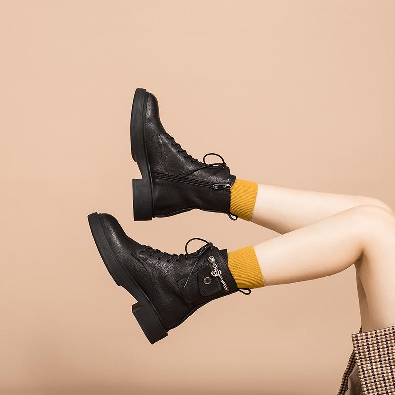 Fashion Full Grain Leather Combat Boots Designer Retro Chunky Riding Boots Side Zip Pocket Decoration Brown/Black