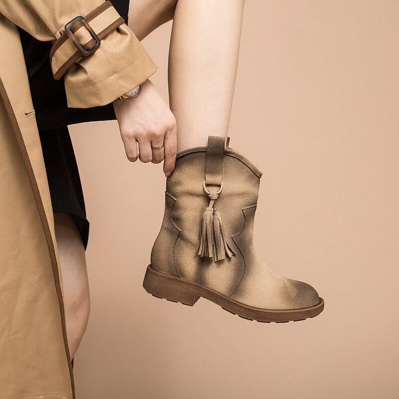 Matte Leather Western Boots Handmade Cowboy Boots Gradient Colors in Brown/Apricot