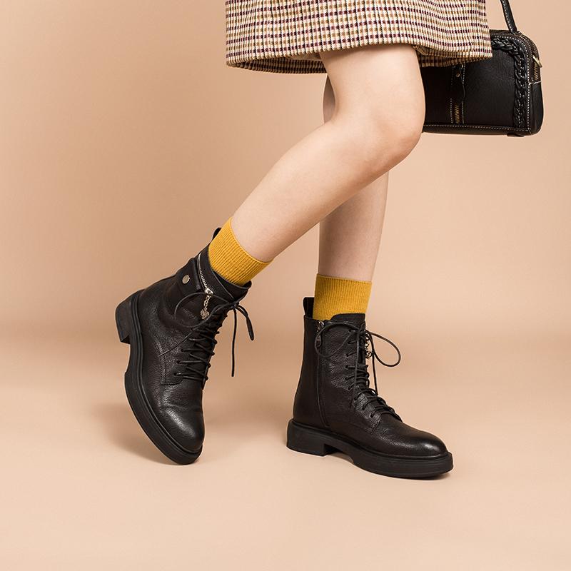 Fashion Full Grain Leather Combat Boots Designer Retro Chunky Riding Boots Side Zip Pocket Decoration Brown/Black