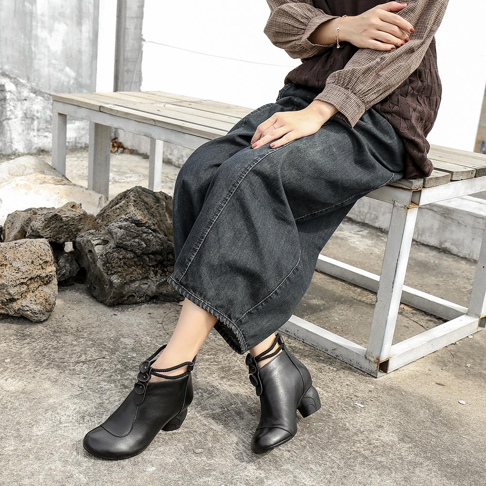 Retro Round Toe Women Ankle Boots Block Heels Back Zipper Coffee/Black