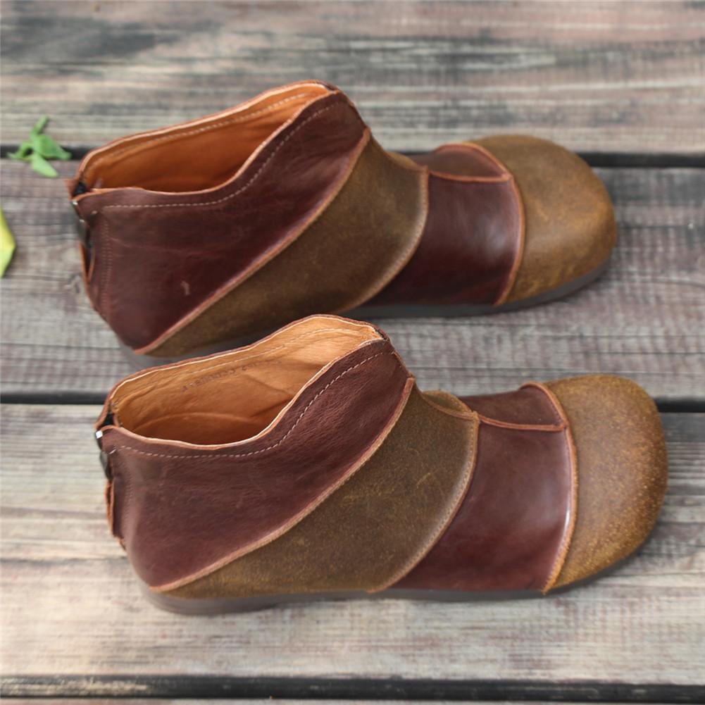 Women Handmade Leather Flats Loafers Boots Color Blocking Ankle Boots Original Design Coffee/Black