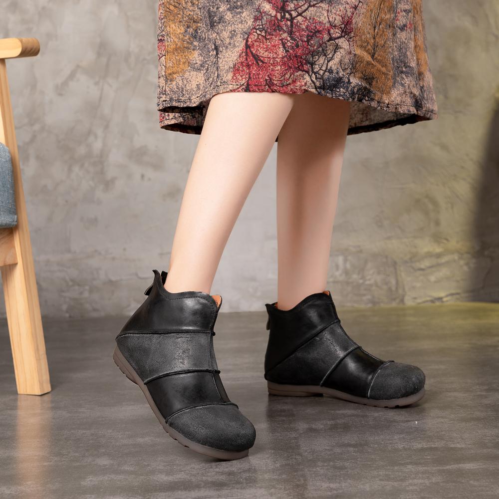 Retro Leather Ankle Boots With Zipper Splicing Craft Handmade Women Flat Shoes Black/Coffee