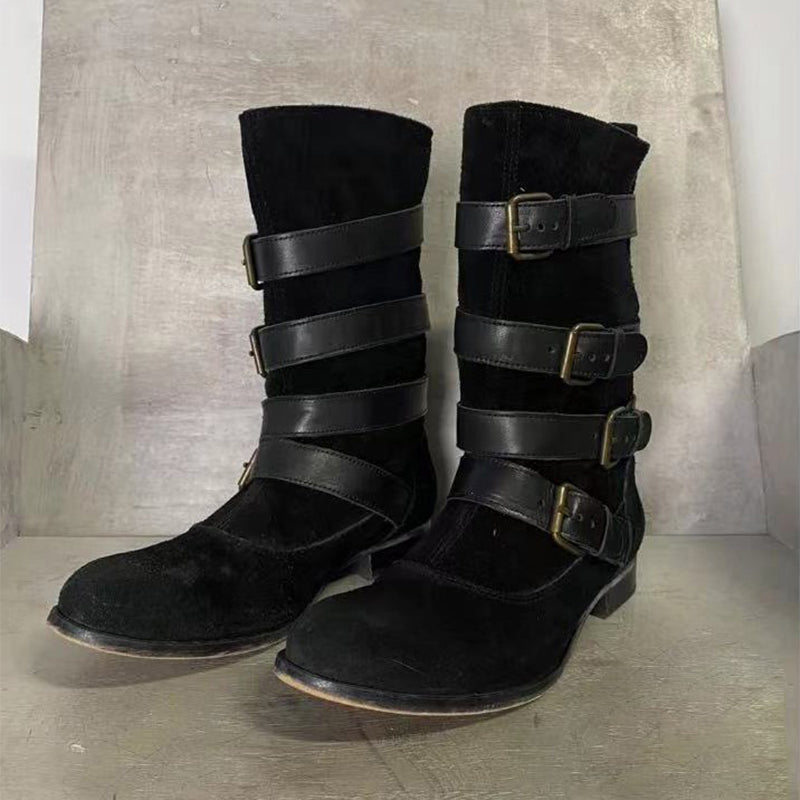 Riding Boots For Women Handmade Leather Mid Calf Boots Chunky Buckle Boots in Brown/Black