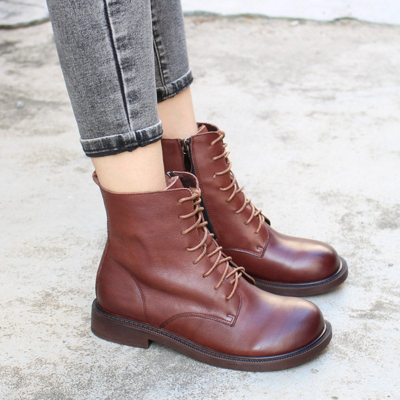Women Leather Ankle Boots Soft Bottom Flat Round Toe Big-Head Retro Boots Coffee/Black