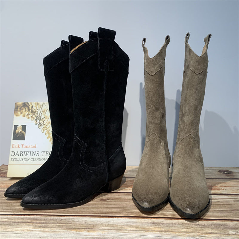 Western Boots for Womens Mid Calf suede knee boots- Black/Khaki