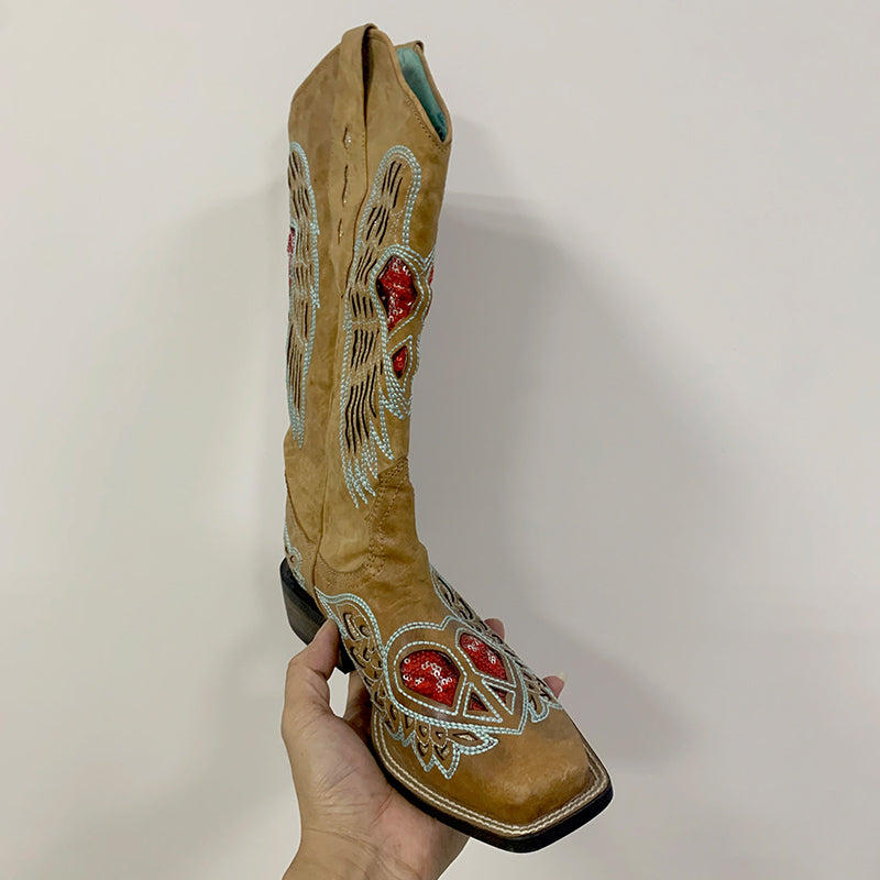 Womens Western Contrast-stitching Cowboy Boots Rivet Decorate- Khaki Cowgirl Boots All Genuine Leather