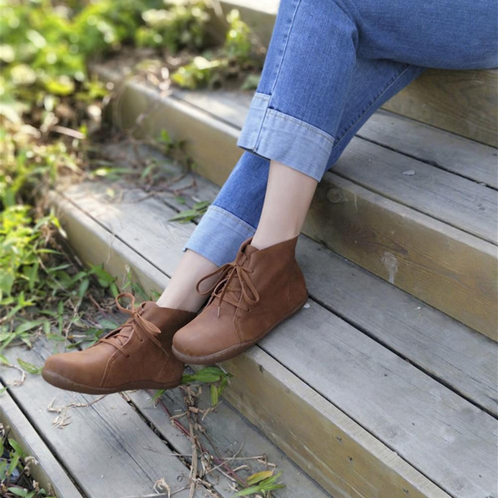 Leather Women Ankle Booties Lace-Up Casual Shoes Flats