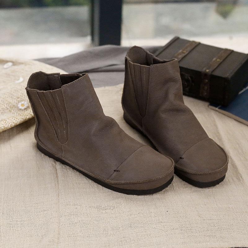 Retro Genuine Leather Soft Flat Boots For Women Round Toe Chelsea Boots Wide Fit Apricot Coffee