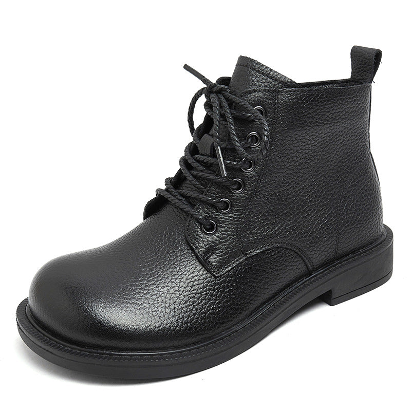 Wide Toes Handmade Genuine Leather Boots Lace-Up Combat Boots Retro Chunky Ankle Boots