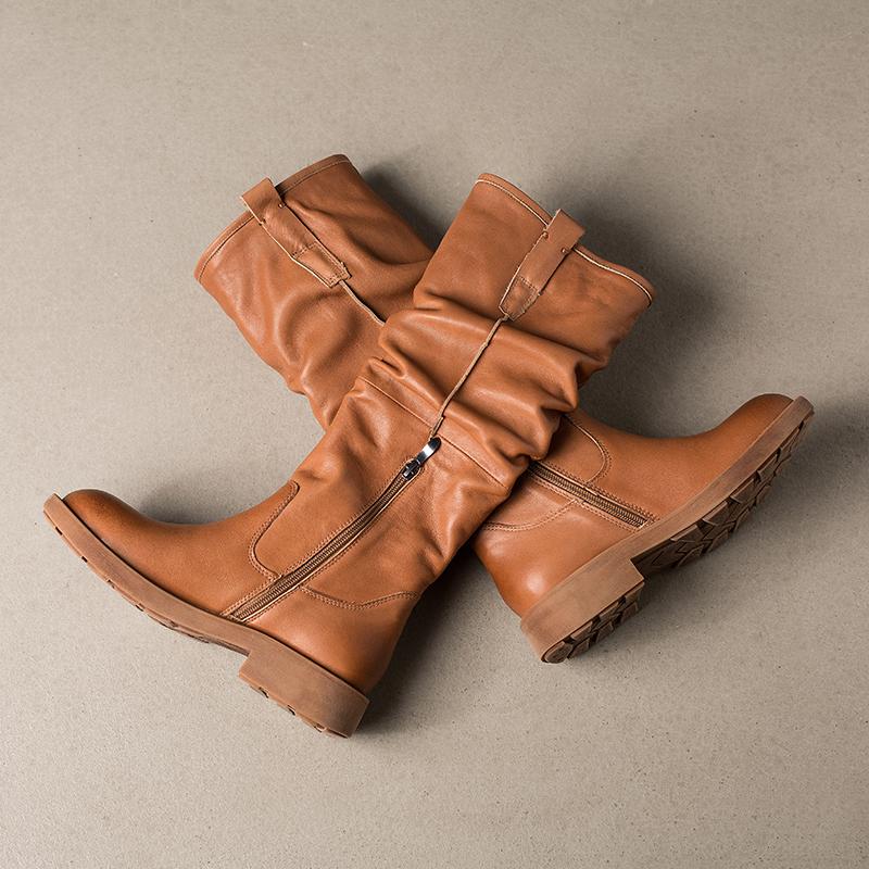 Waxing Leather Knee High Boots Fold Design Riding Boots Black/Brown