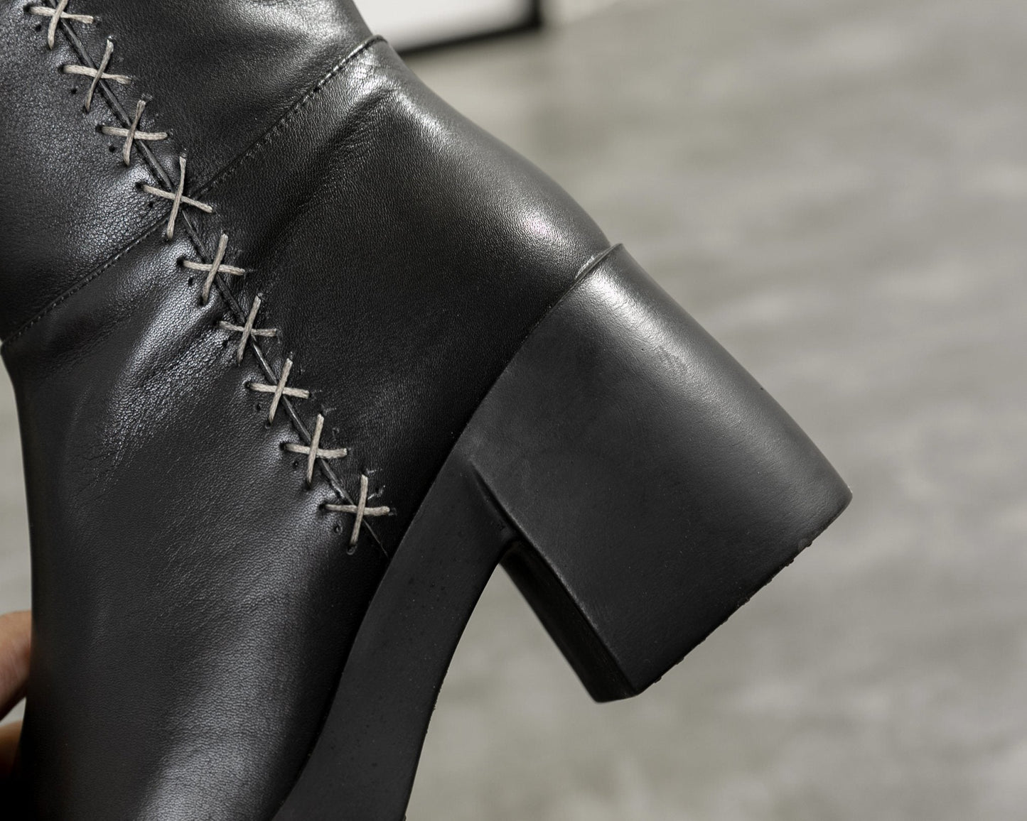 Women Leather Handmade Knee-Length Boots With Chunky Heel Short Plush Lining