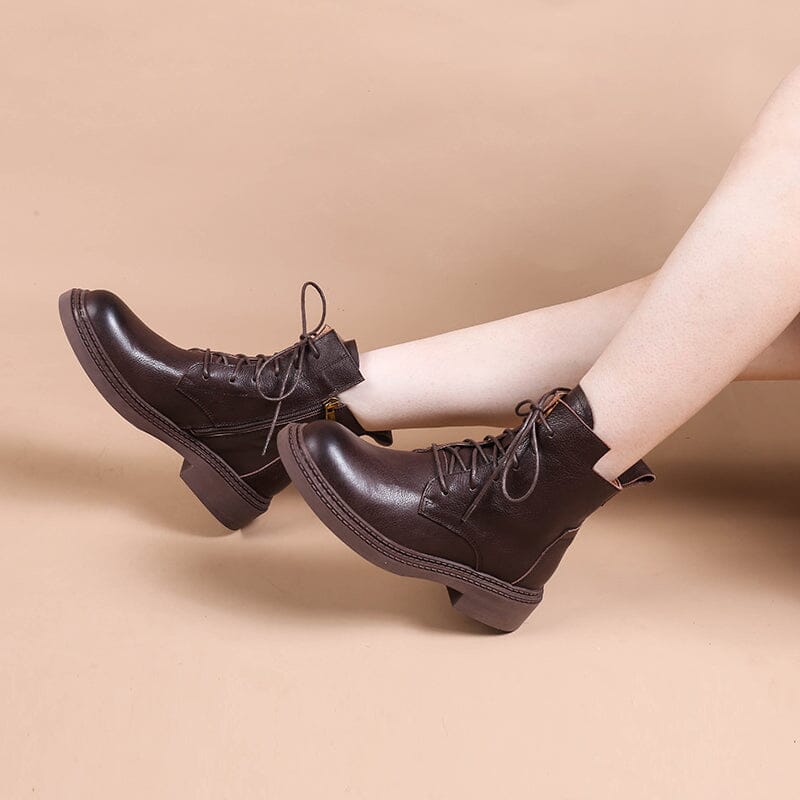 Leather Boots Brush-Off Combat Boots Lace Up Ankle Boots in Black/Coffee/Brown