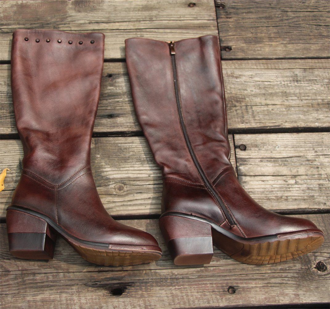 Handmade Leather Knee High Boots Block Heel Biker Boots Retro Rivet