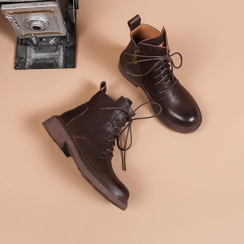 Leather Boots Brush-Off Combat Boots Lace Up Ankle Boots in Black/Coffee/Brown