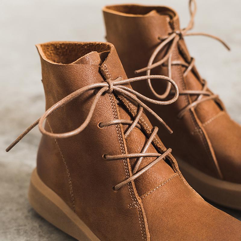 Lace Up Boots for Women Handmade Leather Flat Ankle Boots Brown/Coffee/Black