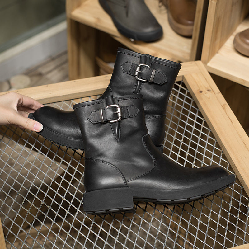 Handmade Leather Short Boots Chunky Buckle Boots in Black