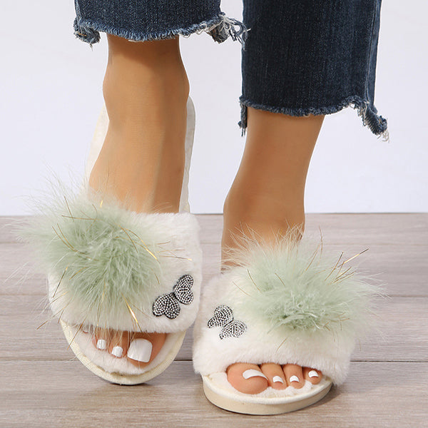 Rhinestone Embrellished Fluffy Flat Slippers
