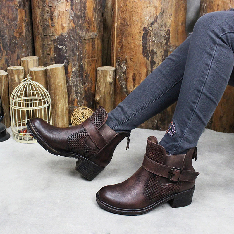 Women'S Handmade Leather Ankle Boots Comfortable Walking Retro Boots With Buckles Brown