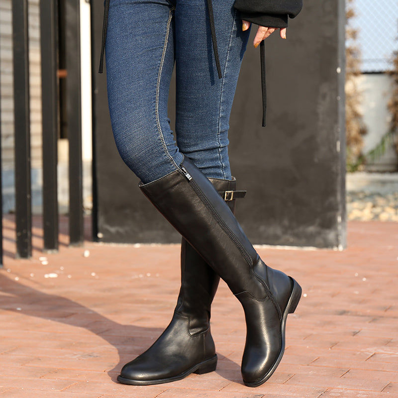Handmade Soft Leather Knee High Boots Side Zip Riding Boots Short Plush Lining in Black/Brown