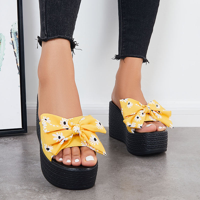 Platform Wedge Sandals Bowknot Slides Casual Open Toe Slip on Dress Slippers