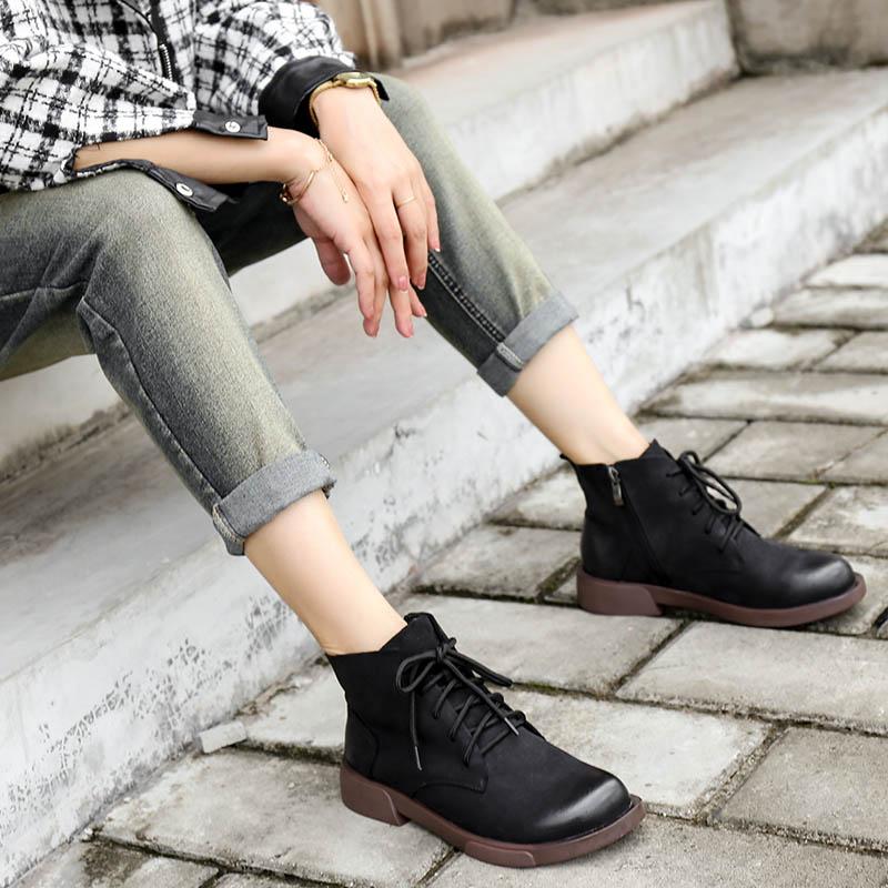 Handmade Nubuck Leather Ankle Boots Retro Round Toe Short Boots Coffee/Black