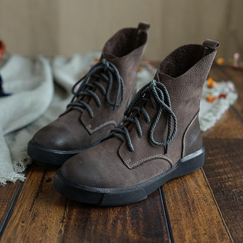Handmade Genuine Leather Biker Boots Lace-Up Combat Boots Retro Chunky Ankle Boots 2020 Winter Boots Khaki/Dark Grey
