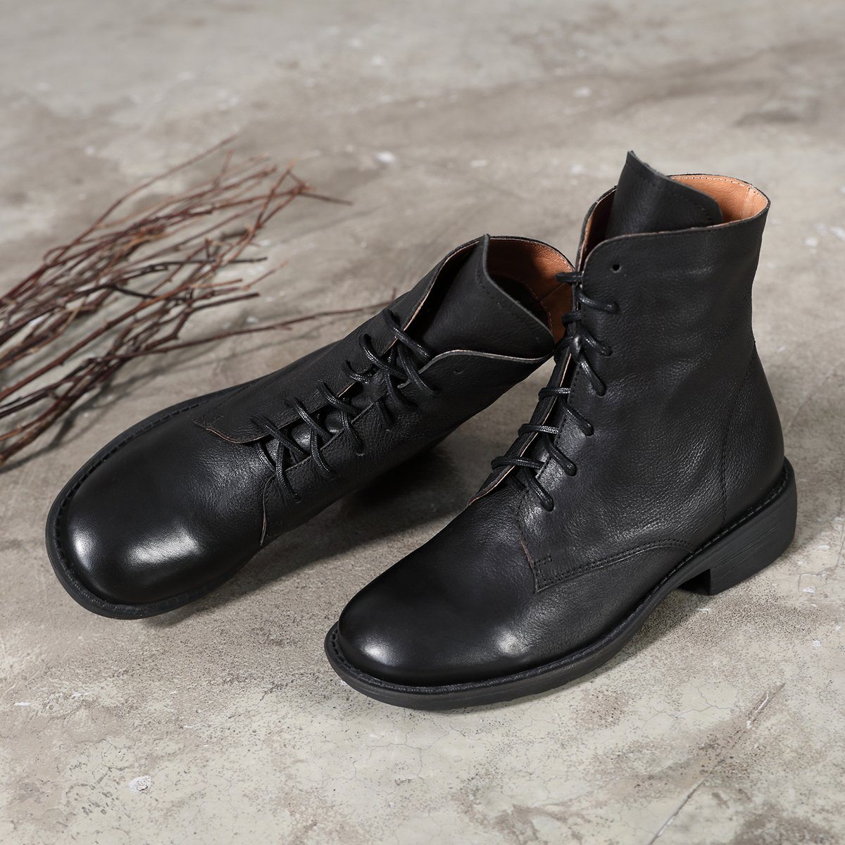 Winter Boots Handmade Genuine Leather Lace-Up Combat Boots Retro Boots Chunky Ankle Boots Black/Coffee
