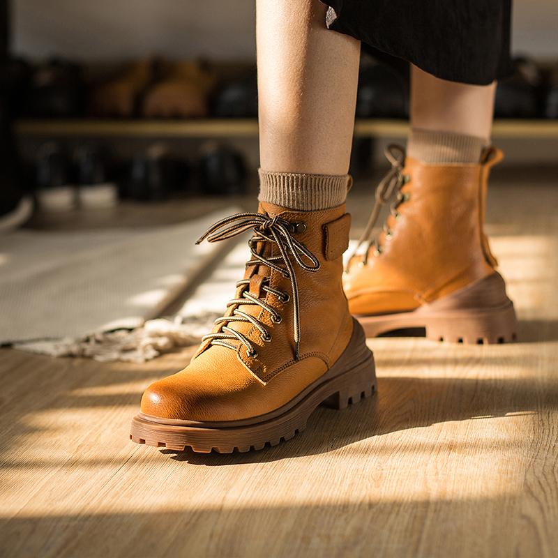 Retro Leather Boots Designer Retro Chunky Riding Boots Short Plush Handmade Yellow/Black