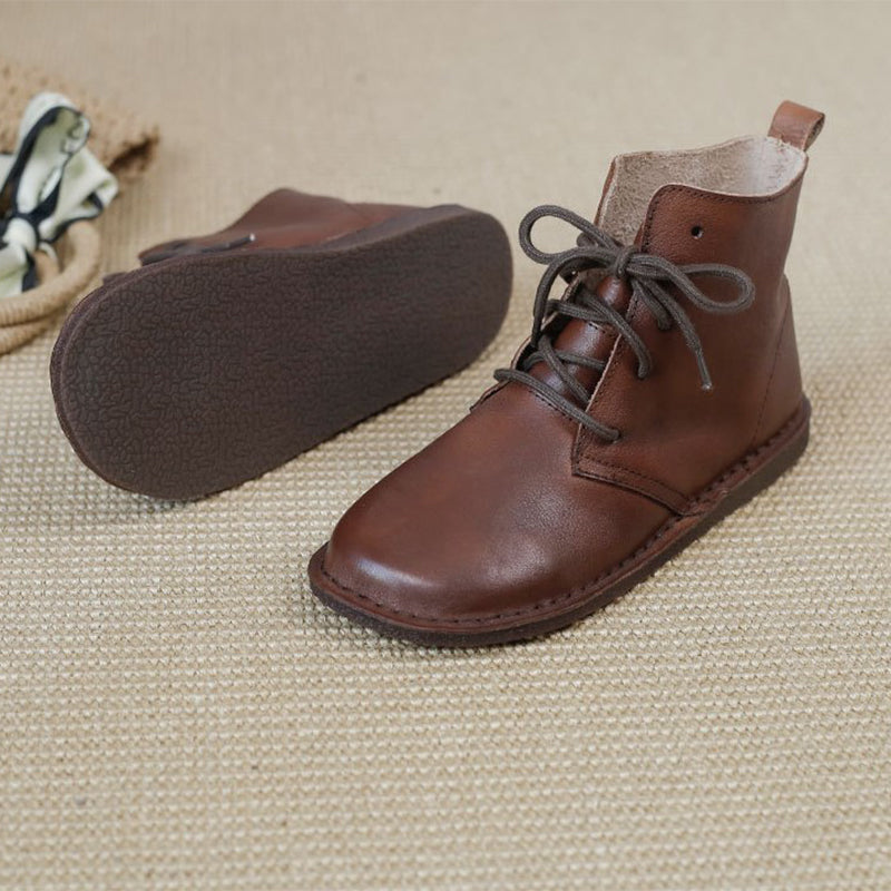 Women's Leather Booties Round Toe Lace-Up Flat Ankle Boots Handmade in Brown/Coffee