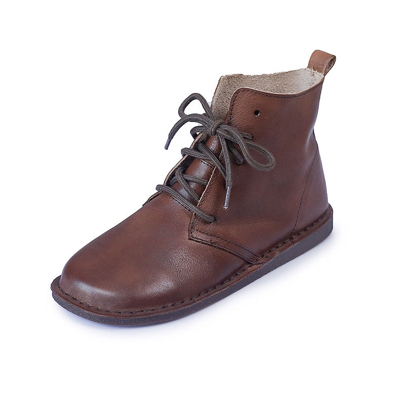 Women's Leather Booties Round Toe Lace-Up Flat Ankle Boots Handmade in Brown/Coffee