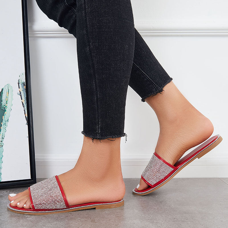 Rhinestone Slip on Flat Slide Sandals Glitter Open Toe Casual Slippers