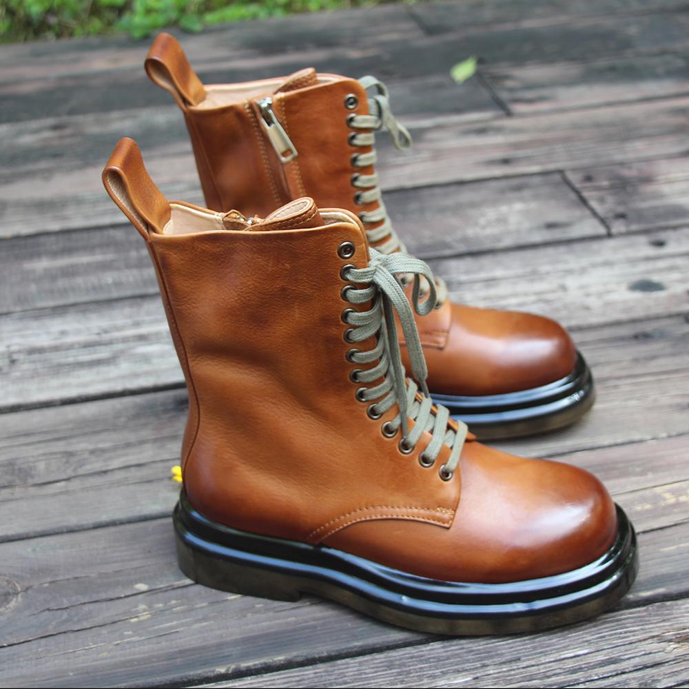 Retro Short Boots Handmade Genuine Leather Boots Women Biker Boots Lace-Up Combat Boots Chunky Ankle Boots 2020 Winter Boots Camel