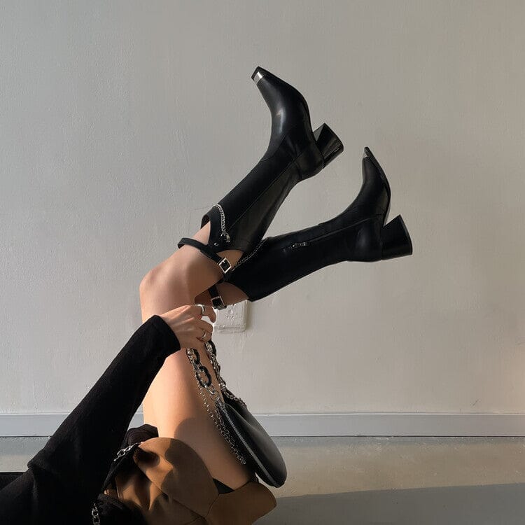 Riding Boots for Women In Black Leather Square Toe- Embellished leather boots