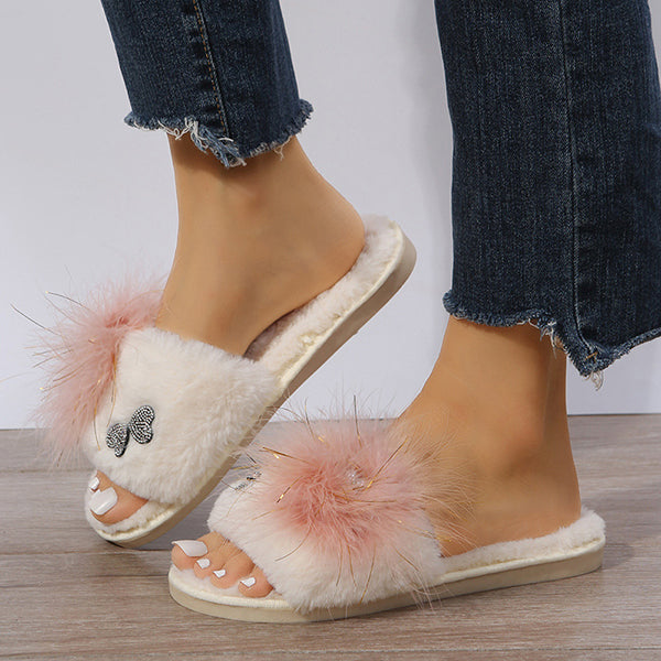 Rhinestone Embrellished Fluffy Flat Slippers