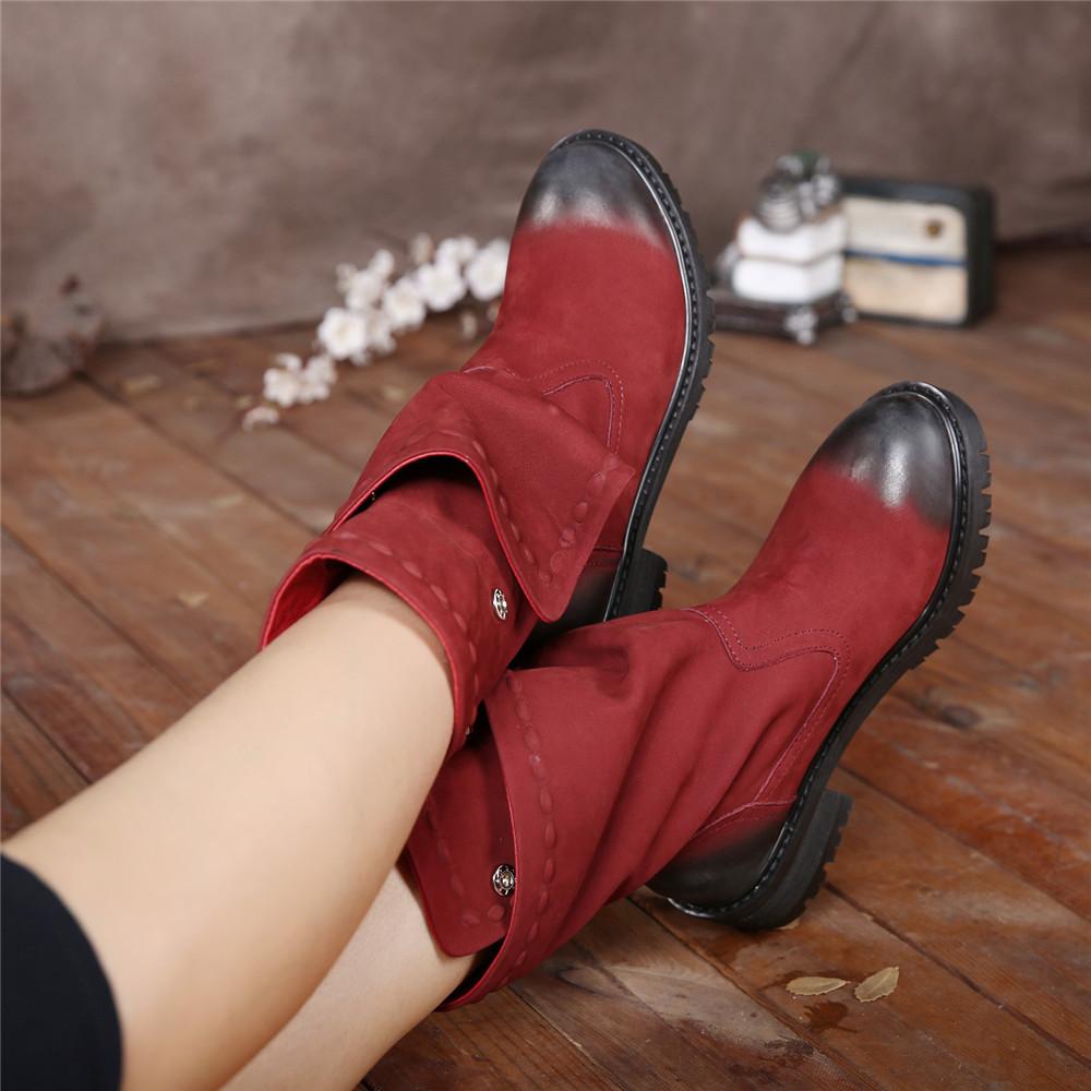 Women'S Retro Leather Boots Button Sleeve Black/Red