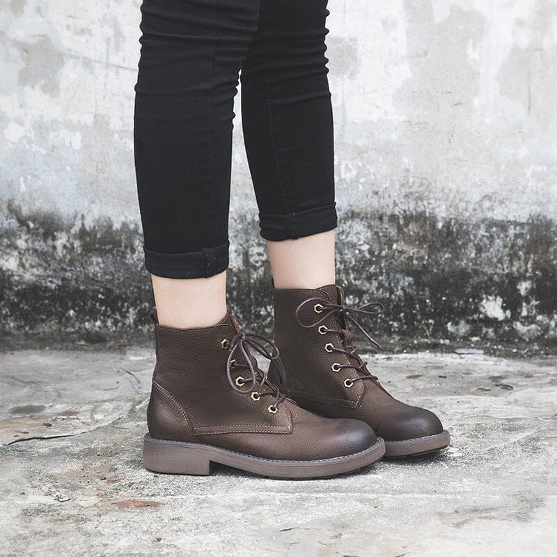 Full Grain Leather Combat Boots Designer Retro Chunky Boots Coffee/Black