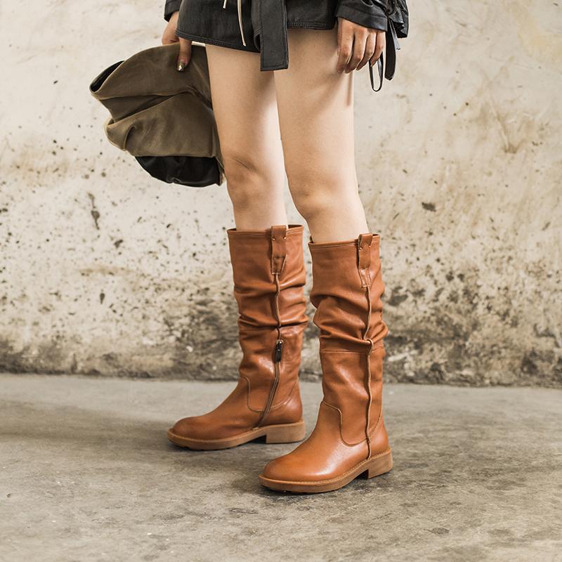Waxing Leather Knee High Boots Fold Design Riding Boots Black/Brown