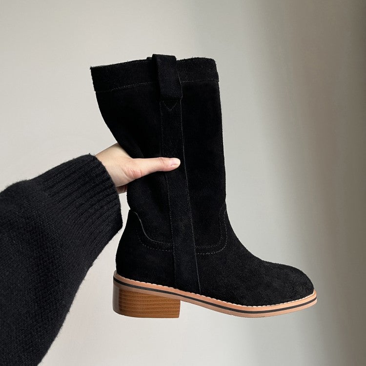 Womens Suede Leather Mid Calf Boots In Black/Khaki