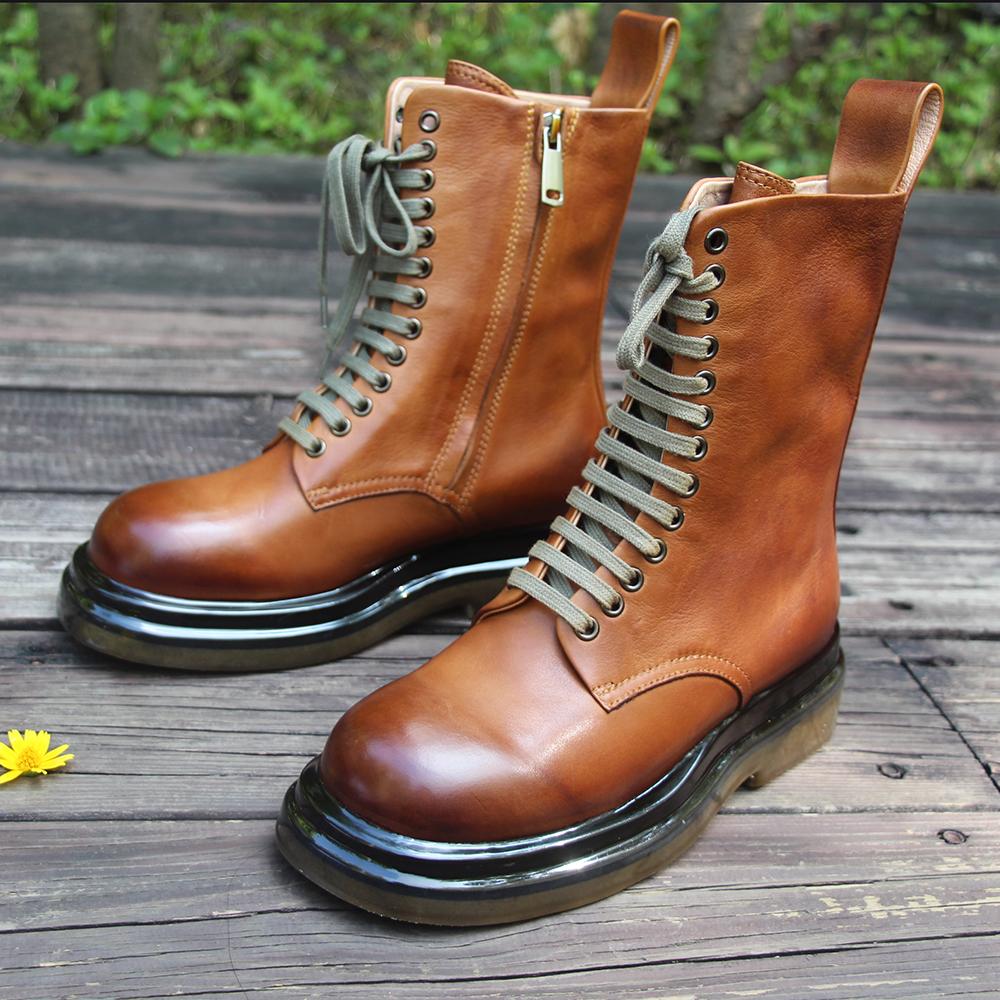 Retro Short Boots Handmade Genuine Leather Boots Women Biker Boots Lace-Up Combat Boots Chunky Ankle Boots 2020 Winter Boots Camel