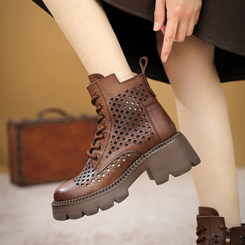 Women's Ankle Booties Round Toe Design Cut Out Boots Brown/Khaki