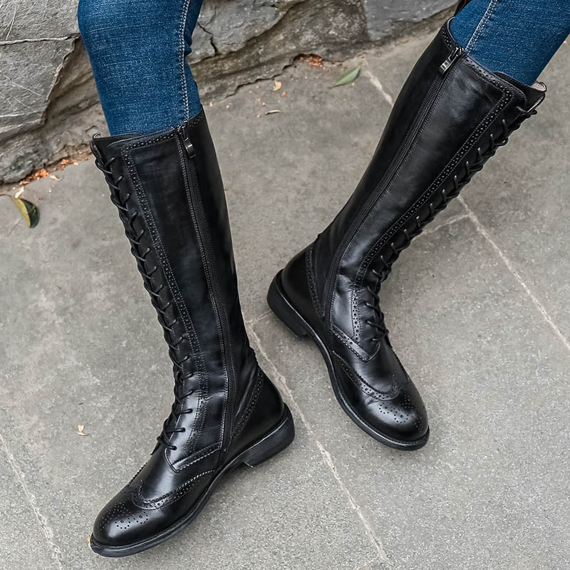 Handmade Wingtip Lace up Leather Knee High Boots Side Zip Riding Boots Short Plush Lining in Black/Coffee
