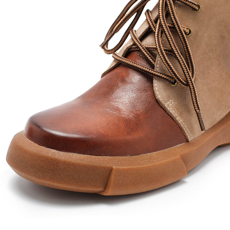 Womens Boots Lace Up Vegetable Tanned Leather Ankle Boots in Coffee/Coffee Short Plush