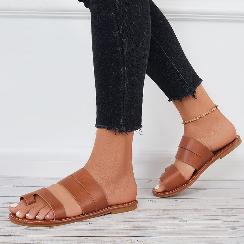 Wide Flat Slippers Round Open Toe Loop Slide Sandals