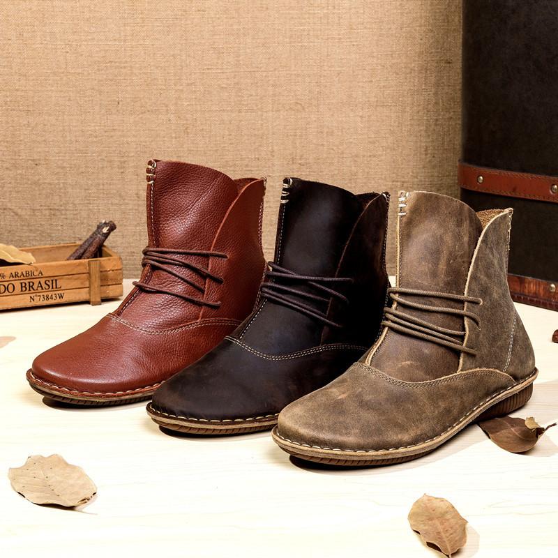 Lace Up Short Boots for Women Handmade Leather Boots Khaki/Brown/Coffee/Black